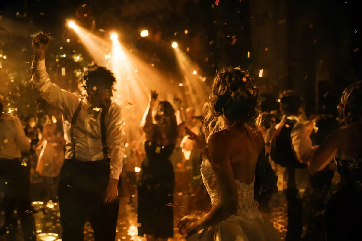 Guests dancing under warm tungsten light beams with confetti in the air