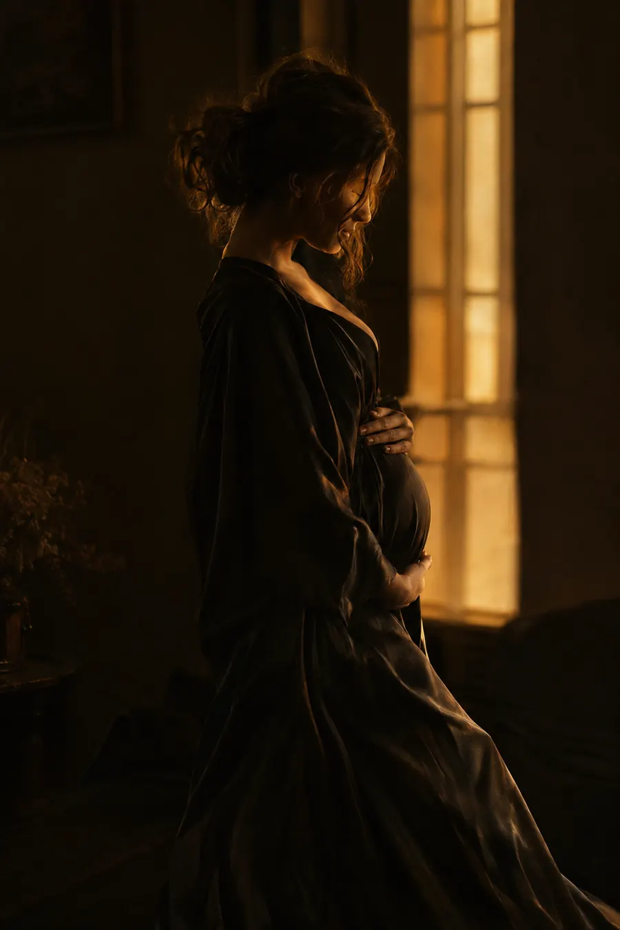 A woman in a flowing dark dress silhouetted against warm window light, cradling her belly